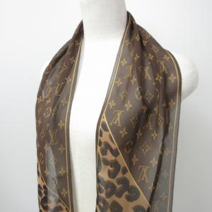 LOUIS VUITTON モノグラム 総柄ストール スカーフ シアー素材 ロングタイプ ヒョウ柄切替 茶 NGA35