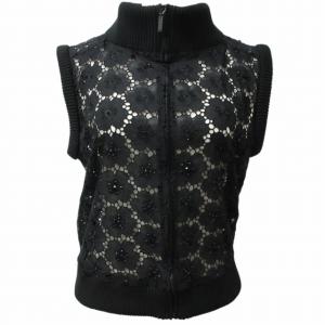 ジップアップベスト ビジュー レース ブラック