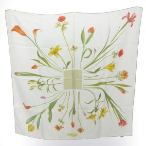 美品 シルク スカーフ ストール 総柄 花柄 白 赤 緑 黄色 0608 レディース