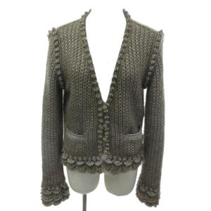 04A ニットジャケット ココマーク 金ボタン シャイニー 光沢 モヘア混 ブラウン系 42