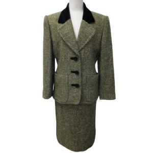 セットアップ スーツ テーラードジャケット スカート シルク混 ツイード 3B グリーン