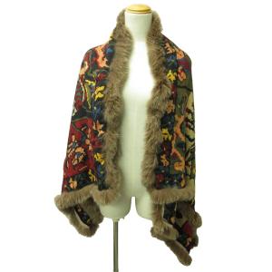 FENDI ストール ショール マフラー 大判 ファー付 総柄 シルク混 イタリア製 赤 茶 緑 1004 WY