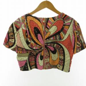 Emilio Pucci ビジュー カットソー ショート丈 半袖 ビーズ 装飾 総柄 ピンクオレンジ系 38 約S 1005 IBO44