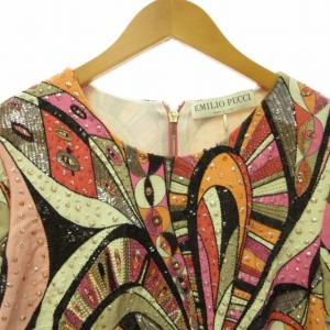 Emilio Pucci ビジュー カットソー ショート丈 半袖 ビーズ 装飾 総柄 ピンクオレンジ系 38 約S 1005 IBO44