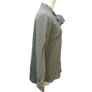 Max Mara 白タグ リボンシャツ ブラウス シルク 総柄 イタリア製 長袖 紺 ネイビー 36 約S 1011 IBO44
