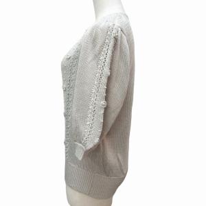 Leilian ヴィンテージ パール シルク混 カーディガン ジャケット ニット 五分袖 装飾 グレー 9 約M 1112 IBO44