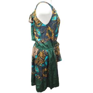 MUVEIL ワンピース ドレス スカーフ柄 総柄 ノースリーブ 緑 グリーン系 紺 ネイビー系 36 約S~M相当 1107