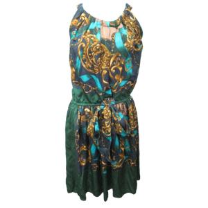 MUVEIL ワンピース ドレス スカーフ柄 総柄 ノースリーブ 緑 グリーン系 紺 ネイビー系 36 約S~M相当 1107