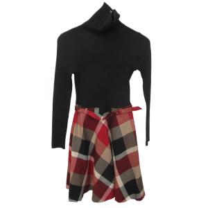 55J70-605-16 ドッキングワンピース タートルネック チェック柄 切替 ひざ丈 黒 赤 ブラック レッド 36 S
