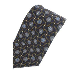 美品 ネクタイ シルク ロゴプリント ビジネス フォーマル チェーン柄 総柄 イタリア製 ネイビー 紺 1225