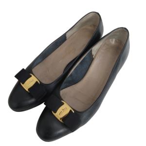 Salvatore Ferragamo ヴァラ パンプス ローファー ヒールブーツ 革靴 リボン メタルプレート ロゴ刻印 ブラック 黒 7 約24.5cm 1226