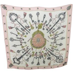 カレ90 LES CLES スカーフ バンダナ 大判 鍵柄 シルク フランス製 薄ピンク 0104 WY