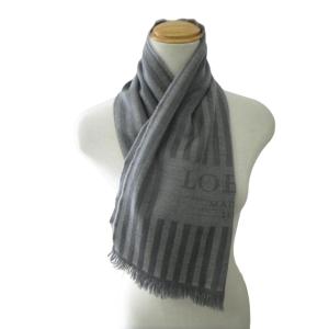 LOEWE マフラー 大判ストール スカーフ ウール ストライプ ロゴ フリンジ グレー 灰色 0112 IBO46