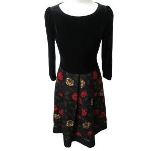 美品 花柄ワンピース ベロア 切替 黒 ブラック 36 約Sサイズ IBO46 0124