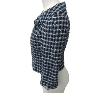 M'S GRACY ツイードジャケット ブルゾン チェック コサージュ付 ブルー 青 36 約Sサイズ FS-624120 0123 IBO46