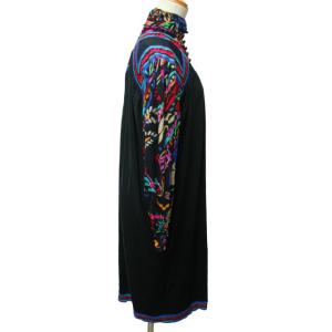 LEONARD ヴィンテージ 花柄ワンピース ドレス シルク ベルト付き 長袖 ロング丈 黒 ブラック 9AB2 約Mサイズ 0130