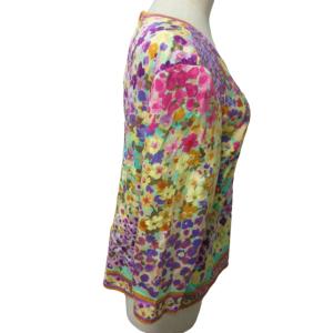 LEONARD FASHION カットソー シャツ ブラウス 花柄 七分袖  紫×ターコイズ×黄色 マルチカラー 42 約L-XLサイズ 0130