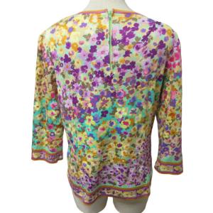 LEONARD FASHION カットソー シャツ ブラウス 花柄 七分袖  紫×ターコイズ×黄色 マルチカラー 42 約L-XLサイズ 0130