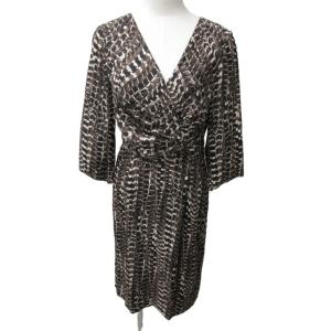 美品 ワンピース ドレス スカート 総柄 シルク Vネック イタリア製 ひざ丈 長袖 茶 ブラウン 40 約Mサイズ 0128