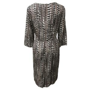 Max Mara 美品 ワンピース ドレス スカート 総柄 シルク Vネック イタリア製 ひざ丈 長袖 茶 ブラウン 40 約Mサイズ 0128