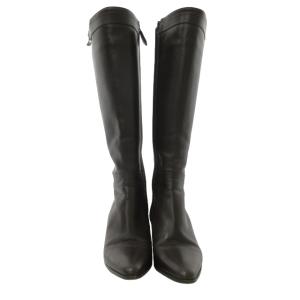 HERMES ジョッキーブーツ レザーシューズ ロング 革皮 サイドジッパー シルバーカラー金具 ブラウン 茶 37.5 約24cm IBO47