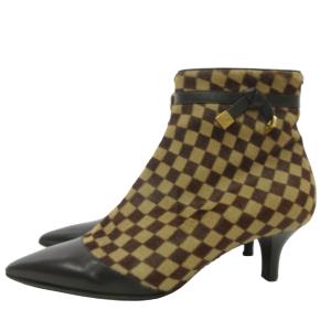 LOUIS VUITTON ダミエソバージュ ハラコ ショートブーツ パンプス ヒール サイドジッパー ブラウン 茶 34 約21cm IBO47 B00063