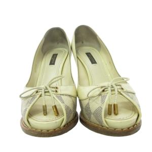 LOUIS VUITTON MA1110 ダミエアズール ウッドヒール パンプス ハイヒール レザーシューズ 靴 パテント切替 リボン 36.5 約23cm