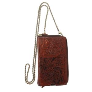 レザー二つ折り財布 ウォレット ショルダーチェーン レリーフ加工 ブラウン 茶 IBO47 0211