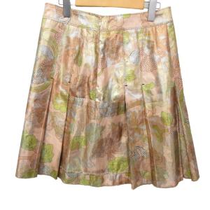 美品 プリーツスカート フレア ロング 花柄 フラワーパターン ラメ加工 シルク混 ピンク系 42 約Mサイズ IBO47