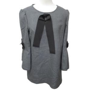 近年モデル 美品 チュニック ブラウス ワンピース リボン ピンドット柄 長袖 グレー 40 Lサイズ 0220 IBO47