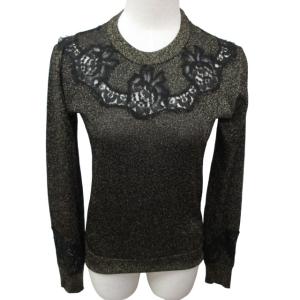 美品 カットソー Tシャツ レース ラメ 長袖 黒 ブラック 36 約XS-Sサイズ 0220 IBO47