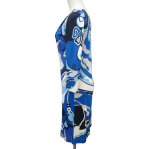 Emilio Pucci ワンピース カットソー 長袖 ドレープ 総柄 ブルー 青 ホワイト 白 38 約Mサイズ 0215 IBO47