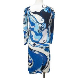 Emilio Pucci ワンピース カットソー 長袖 ドレープ 総柄 ブルー 青 ホワイト 白 38 約Mサイズ 0215 IBO47