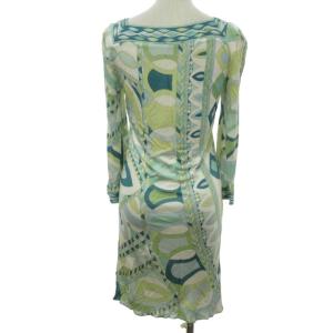 Emilio Pucci ワンピース 長袖 総柄 ドレープ感 ホワイト 白 グリーン 緑 38 約Mサイズ 0212 IBO47
