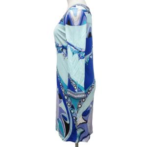 Emilio Pucci ワンピース カットソー 長袖 総柄 ウエストベルト付 ブルー 青 ホワイト 白 40 約Lサイズ 0215 IBO47
