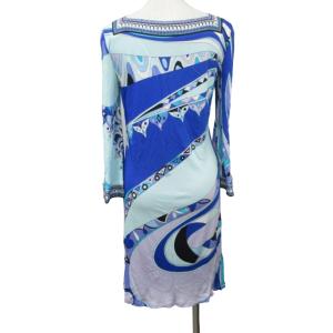 Emilio Pucci ワンピース カットソー 長袖 総柄 ウエストベルト付 ブルー 青 ホワイト 白 40 約Lサイズ 0215 IBO47