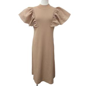 美品 ロングワンピース 半袖 パフスリーブ ギャザー CWN0211073 ストレッチ有 ベージュ 38 約Mサイズ 0212