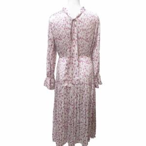 CELFORD ワンピース ドレス ロング 長袖 花柄 プリーツ加工 キャンディスリーブ ピンク ホワイト 白 36 約Sサイズ 0223