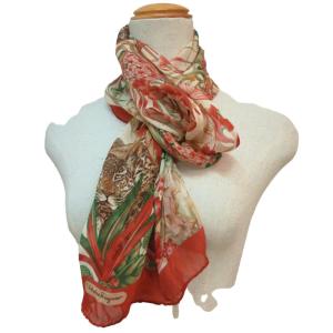 美品 ストール 総柄 花柄 シルク オレンジ×ベージュ 0225 AA