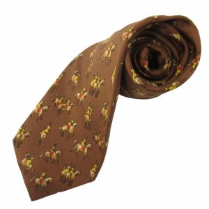 美品 ネクタイ レギュラータイ 乗馬柄 総柄 シルク 7599 SA フランス製 茶 ブラウン 0305 IBO48