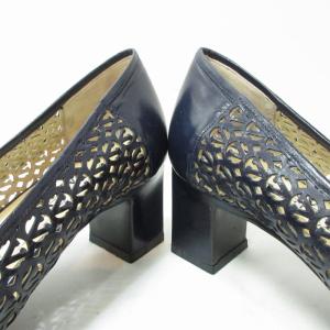 VALENTINO レザーパンプス シューズ ロゴ型抜き ヒール  青系 ブルー 7 約24?p 0314 IBO48