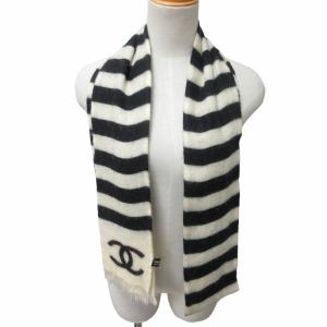 CHANEL カシミヤストール ココマーク ボーダー ホワイト