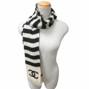 CHANEL カシミヤストール ココマーク ボーダー ホワイト