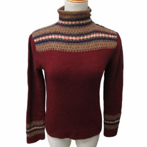 ニット セーター 総柄 カシミヤ混 アルパカ混 ネックボタン ハイネック 長袖 赤 レッド Mサイズ 0325 GY31