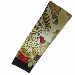 美品 マフラー ティペット シルクプリント ベロア 花柄 レオパード柄 総柄 マルチカラー 黄系 イエロー 0509 IBO50