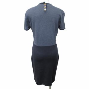 Salvatore Ferragamo 美品 ウールニットワンピース バイカラー ゴールドボタン 半袖 紺 ネイビー Mサイズ 0421 GY14