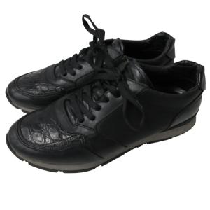 レザースニーカー シューズ クロコ型押し 切替 ブラック 黒 X2X047 約28cm 0421 IBO47