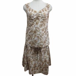 美品 セットアップ ツーピース ロングスカート ノースリーブ 総柄 FXA08-316-42 白 ホワイト 茶 ブラウン 38