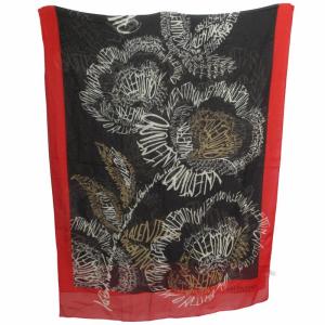 美品 スカーフ ストール シルク 総柄 マルチカラー 赤 レッド  黒 ブラック 0513