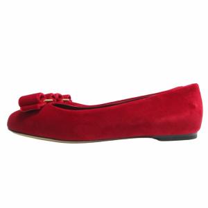 Salvatore Ferragamo ヴァラリボン パンプス フラットシューズ ベロア 赤 レッド US5 22?p IBO52 0517